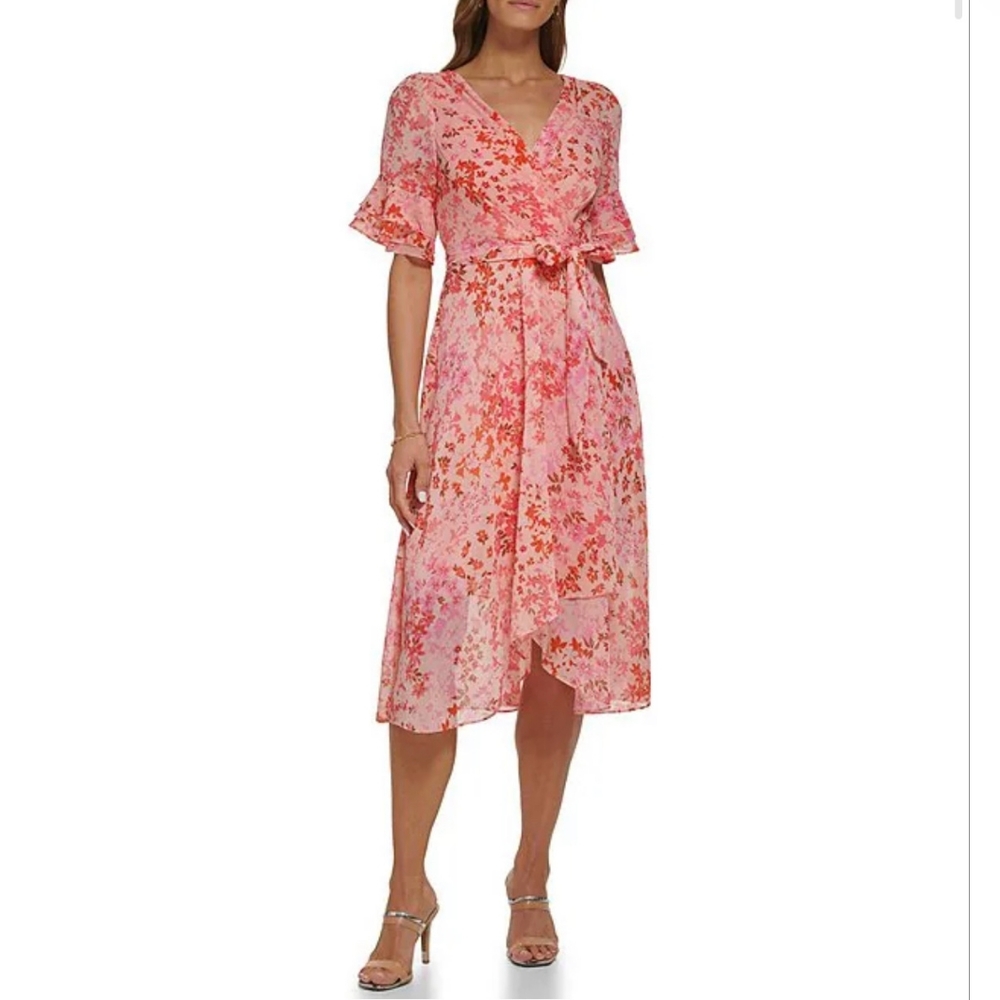 DKNY Women's Ruffled-Cuff Elbow-Sleeve Belted Dress